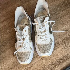 Michael Kors White and Brown Monogram Sneakers Size 10